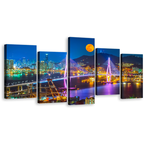 South Korea Canvas Wall Art, Colorful Cityscape Bridge 5 Piece Canvas Print, Busan Port City Mountains Moon Multiple Canvas