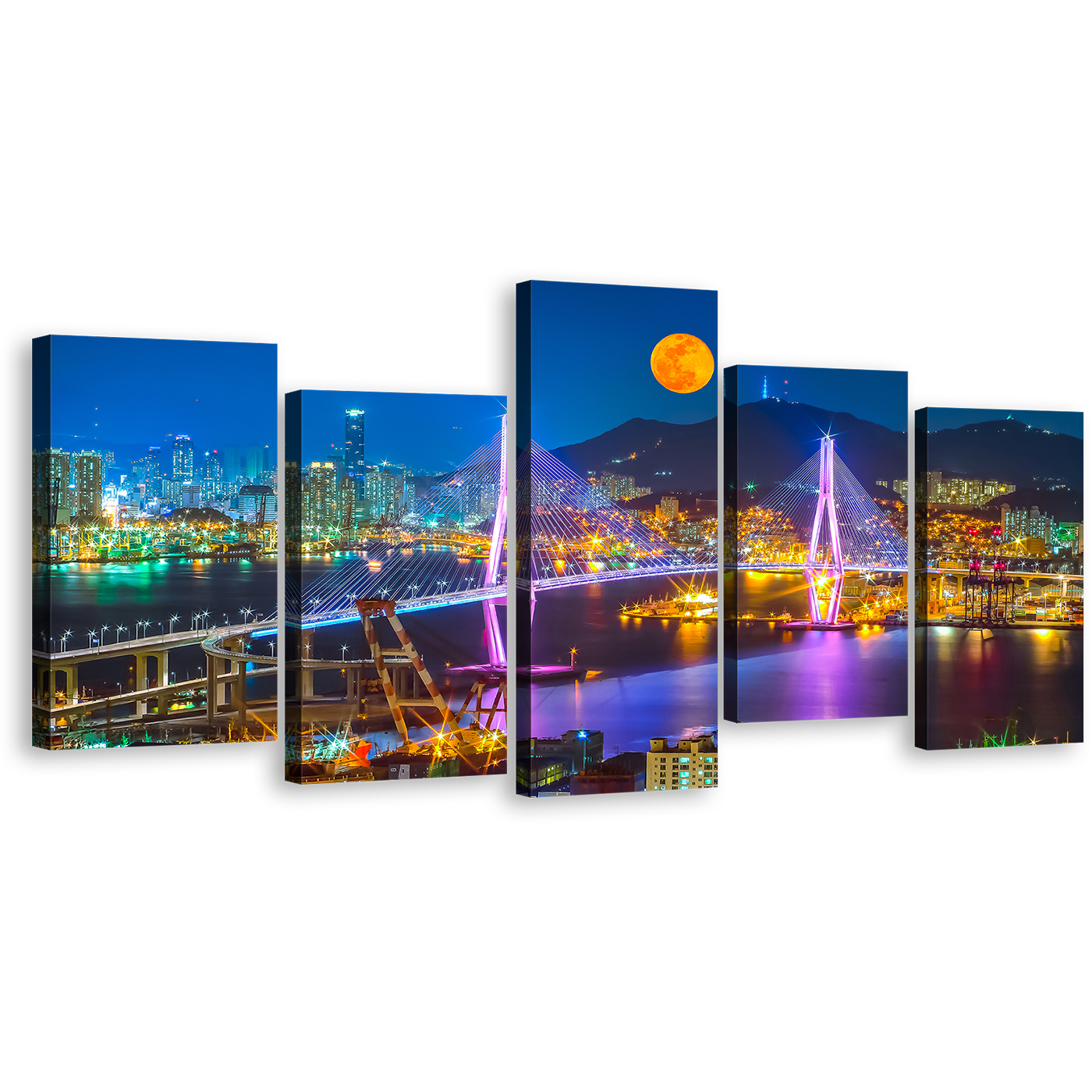 South Korea Canvas Wall Art, Colorful Cityscape Bridge 5 Piece Canvas Print, Busan Port City Mountains Moon Multiple Canvas