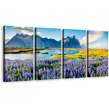 Load image into Gallery viewer, Southeastern Icelandic Canvas Print, Stokksnes headland Landscape Multi Canvas, Blue Batman Mountain Canvas Set, Purple Lupin Flowers Scenery 4 Piece Canvas Wall Art
