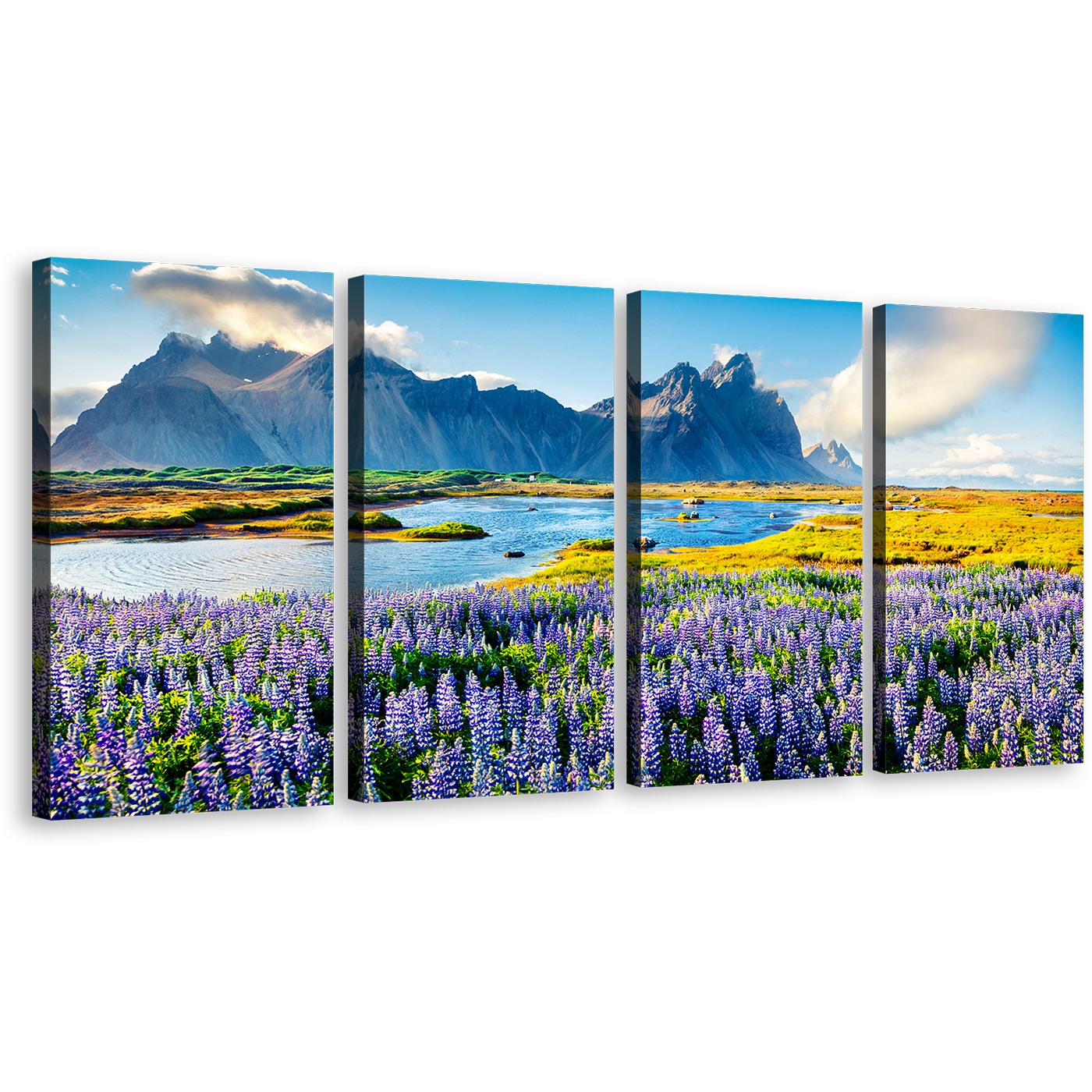 Southeastern Icelandic Canvas Print, Stokksnes headland Landscape Multi Canvas, Blue Batman Mountain Canvas Set, Purple Lupin Flowers Scenery 4 Piece Canvas Wall Art