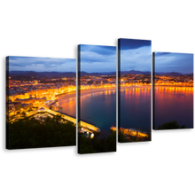 Load image into Gallery viewer, Spain Beach Canvas Print, La Concha Bay at Dusk San Sebastian&#39;s Yellow City Lights 4 Piece Canvas Set, Blue Sky City Beach Wall Art
