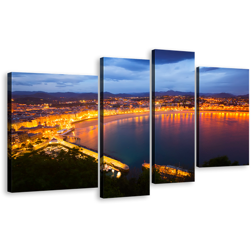 Spain Beach Canvas Print, La Concha Bay at Dusk San Sebastian's Yellow City Lights 4 Piece Canvas Set, Blue Sky City Beach Wall Art