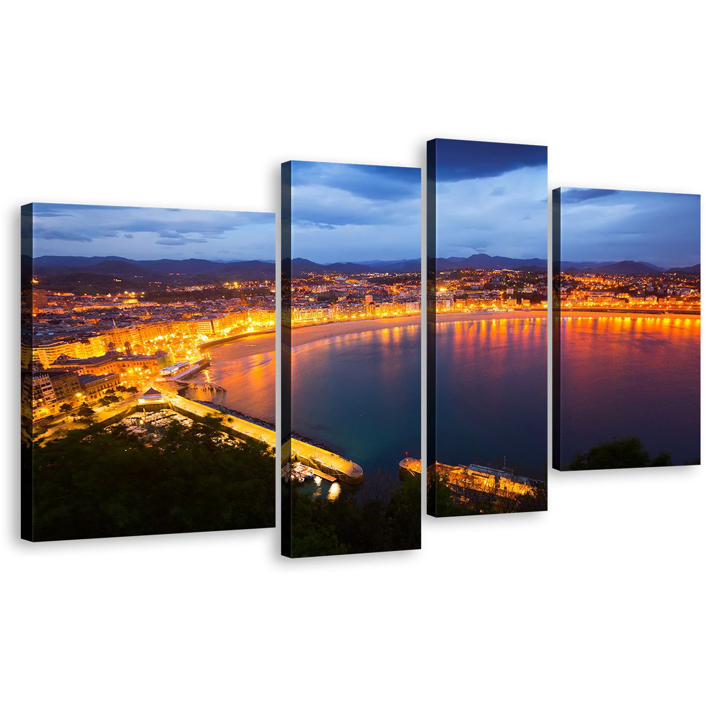 Spain Beach Canvas Print, La Concha Bay at Dusk San Sebastian's Yellow City Lights 4 Piece Canvas Set, Blue Sky City Beach Wall Art