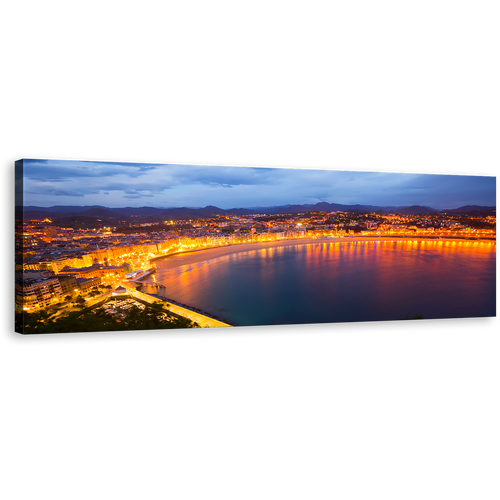 Spain Beach Canvas Print, La Concha Bay at Dusk San Sebastian's Yellow City Lights Panoramic Canvas, Blue Sky City Beach Wall Art