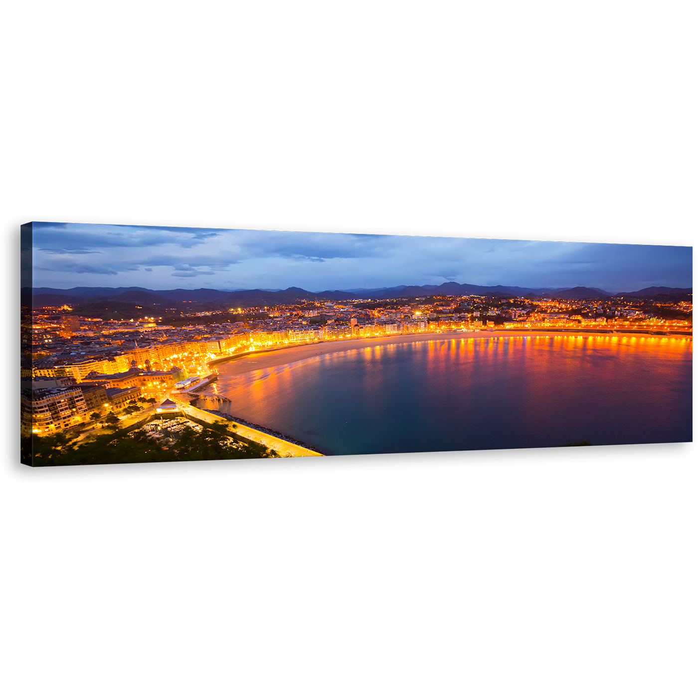 Spain Beach Canvas Print, La Concha Bay at Dusk San Sebastian's Yellow City Lights Panoramic Canvas, Blue Sky City Beach Wall Art