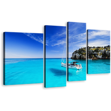 Load image into Gallery viewer, Spain Canals Wall Art, Green Menorca Island Canvas Print, 4 Piece Blue Sky Sailing Boat at Harbor Multi Canvas
