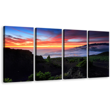 Load image into Gallery viewer, Spain Landscape Canvas Wall Art, Dramatic Red Yellow Sunset Mountains Multi Canvas, Europe Green La Palma Landscape 4 Piece Canvas Print
