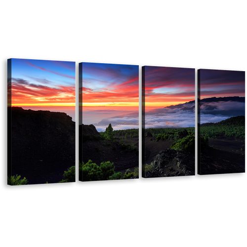 Spain Landscape Canvas Wall Art, Dramatic Red Yellow Sunset Mountains Multi Canvas, Europe Green La Palma Landscape 4 Piece Canvas Print