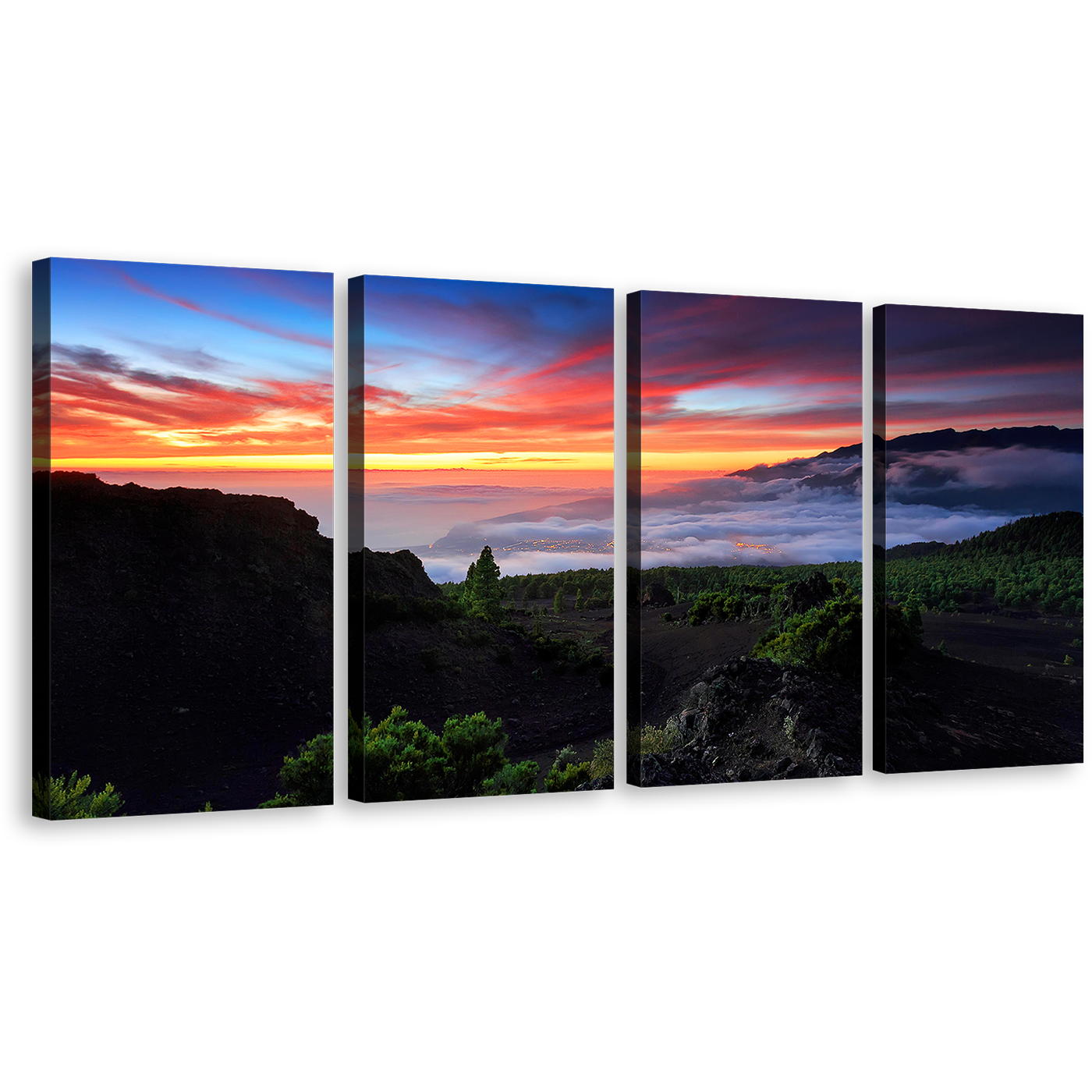 Spain Landscape Canvas Wall Art, Dramatic Red Yellow Sunset Mountains Multi Canvas, Europe Green La Palma Landscape 4 Piece Canvas Print