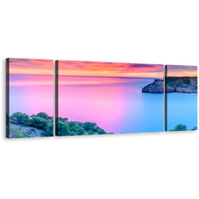 Load image into Gallery viewer, Spain Seascape Canvas Wall Art, Blue Pink Mediterranean Sea 3 Piece Multi Canvas, Cloudy Orange Ocean Sky Triptych Canvas Print
