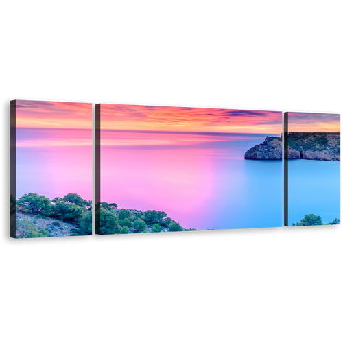 Spain Seascape Canvas Wall Art, Blue Pink Mediterranean Sea 3 Piece Multi Canvas, Cloudy Orange Ocean Sky Triptych Canvas Print