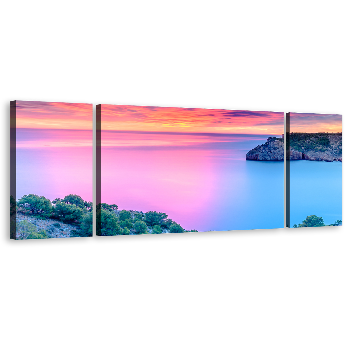 Spain Seascape Canvas Wall Art, Blue Pink Mediterranean Sea 3 Piece Multi Canvas, Cloudy Orange Ocean Sky Triptych Canvas Print