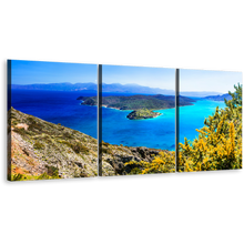 Load image into Gallery viewer, Spinalonga Island Canvas Wall Art, Greece Blue Ocean 3 Piece Canvas Print, Crete Green Island Seascape Triptych Canvas Set
