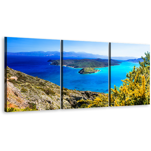 Spinalonga Island Canvas Wall Art, Greece Blue Ocean 3 Piece Canvas Print, Crete Green Island Seascape Triptych Canvas Set