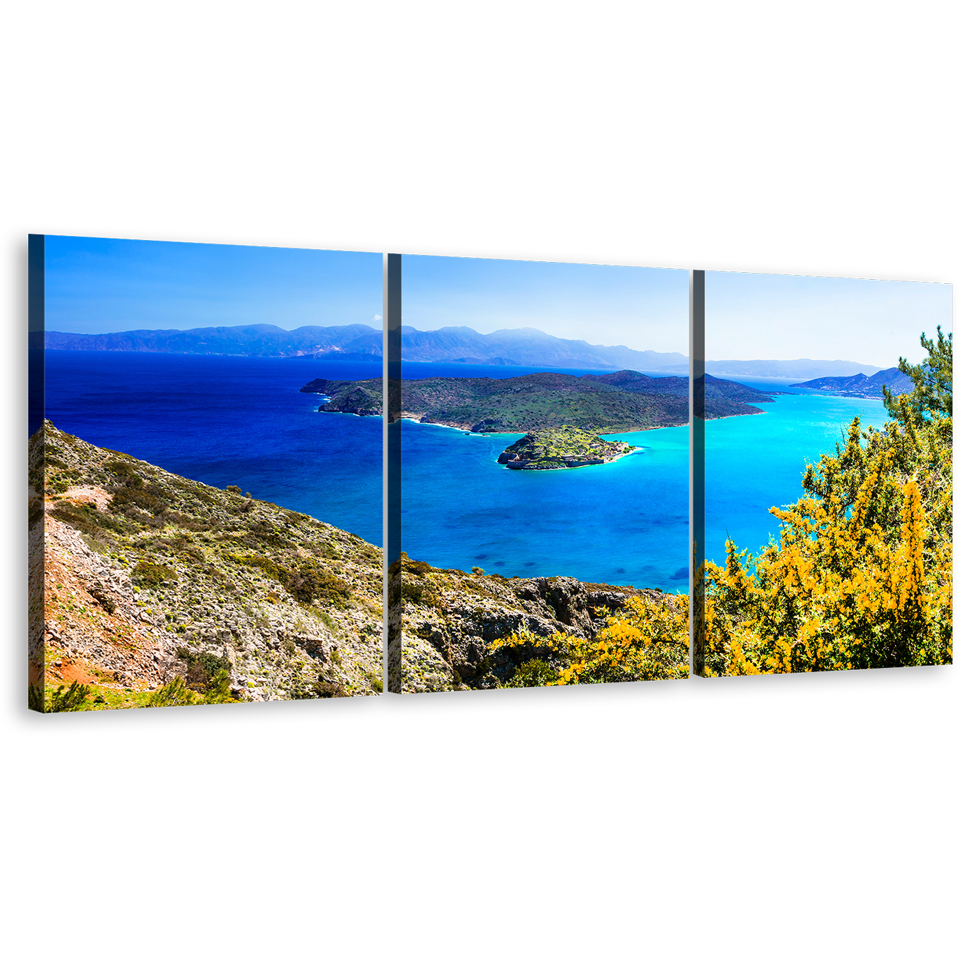 Spinalonga Island Canvas Wall Art, Greece Blue Ocean 3 Piece Canvas Print, Crete Green Island Seascape Triptych Canvas Set