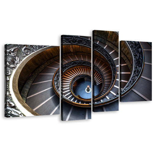 Spiral Staircase Canvas Print, Grey Abstract Architecture 4 Piece Canvas Wall Art, Brown Vatican Museum Multiple Canvas