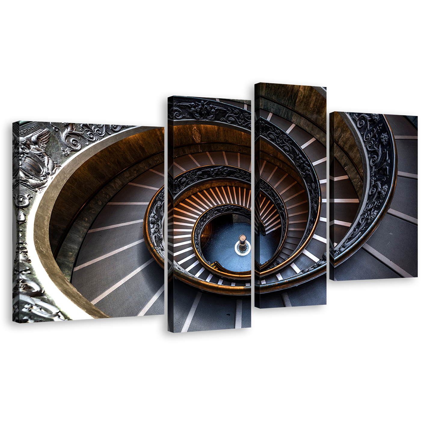 Spiral Staircase Canvas Print, Grey Abstract Architecture 4 Piece Canvas Wall Art, Brown Vatican Museum Multiple Canvas