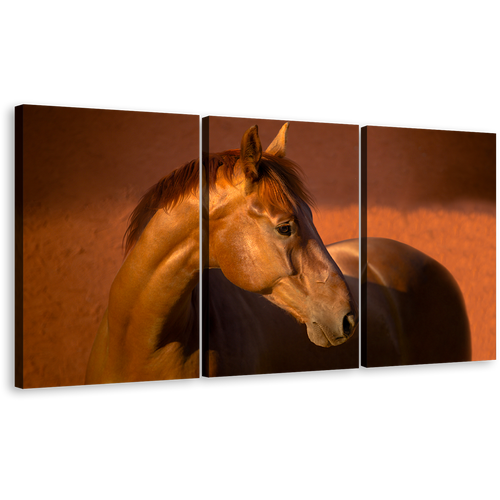 Stallion Horse Canvas Wall Art, Elegant Brown Horse Canvas Print, Horse in Orange Field 3 Piece Multiple Canvas