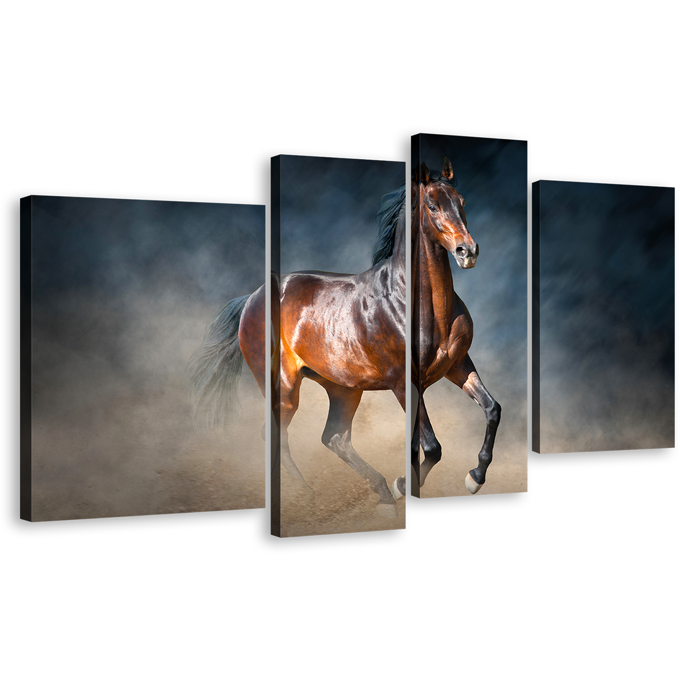 Stallion Horse Canvas Wall Art, Horse Galloping Canvas Print, Black Brown Classic Horse 4 Piece Multiple Canvas