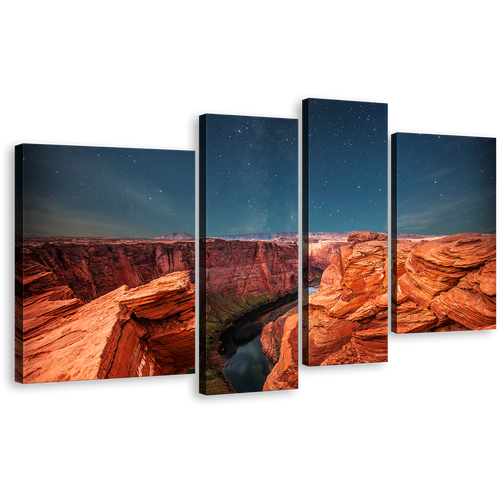 Starry Desert Wall Art, Orange Grand Canyon at Night 4 Piece Canvas Print, Beautiful Blue Sky Canvas Set