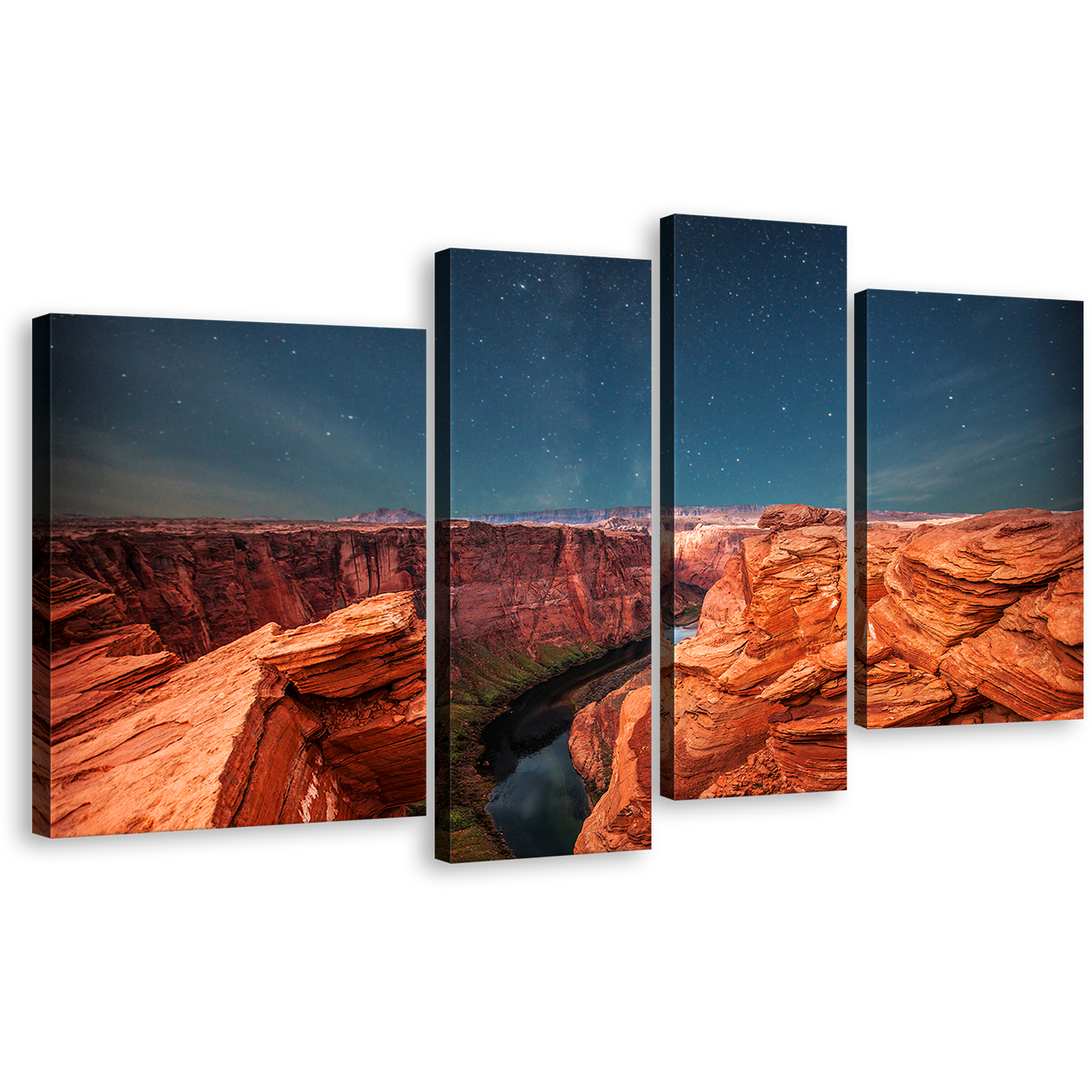 Starry Desert Wall Art, Orange Grand Canyon at Night 4 Piece Canvas Print, Beautiful Blue Sky Canvas Set