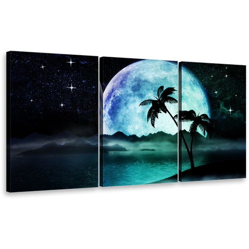 Starry Night Canvas Print, Green Ocean Beaches Tropical Island Canvas Set, Beautiful Black Moonlight Beach 3 Piece Wall Art