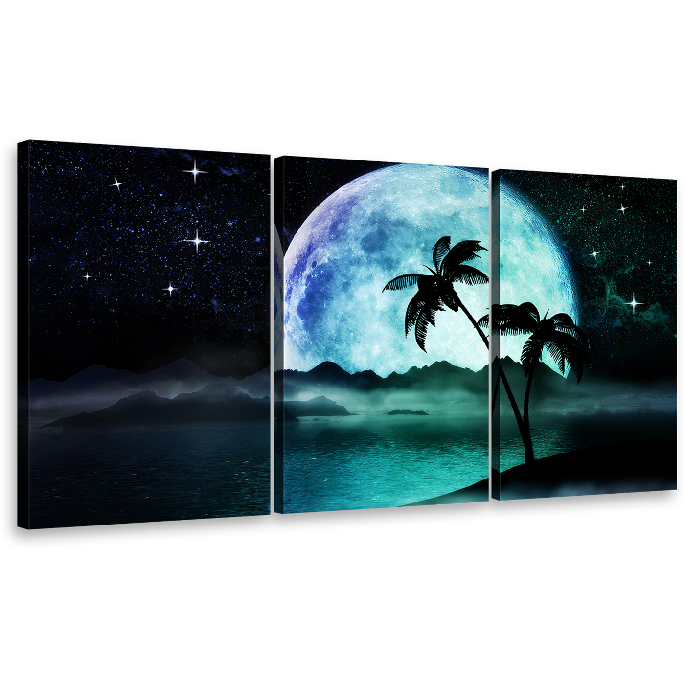 Starry Night Canvas Print, Green Ocean Beaches Tropical Island Canvas Set, Beautiful Black Moonlight Beach 3 Piece Wall Art