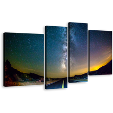 Load image into Gallery viewer, Starry Scenery Canvas Print, Blue Road Toward Milky Way Multi Canvas, Yellow Sunset Scenery 4 Piece Wall Art
