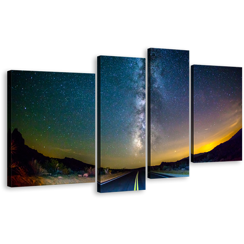 Starry Scenery Canvas Print, Blue Road Toward Milky Way Multi Canvas, Yellow Sunset Scenery 4 Piece Wall Art