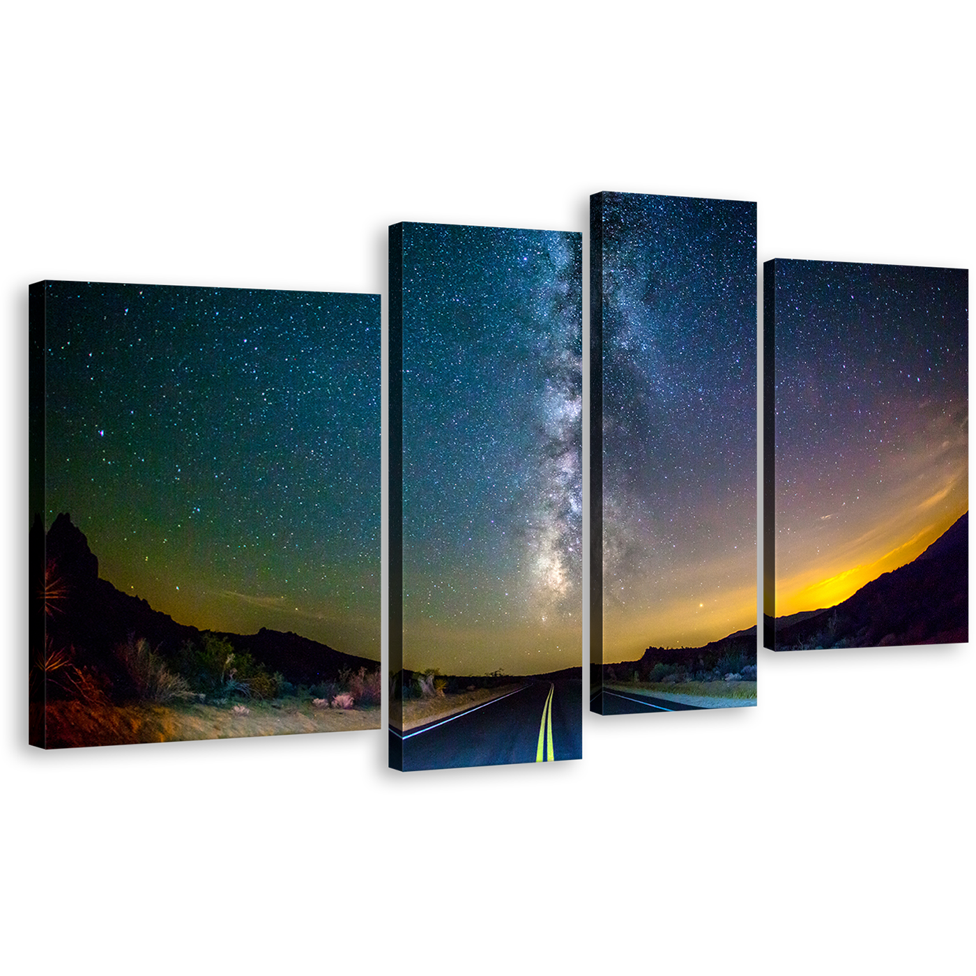 Starry Scenery Canvas Print, Blue Road Toward Milky Way Multi Canvas, Yellow Sunset Scenery 4 Piece Wall Art