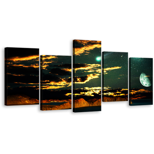 Starry Sky Canvas Print, Dramatic Clouds Green Moon Sky 5 Piece Multiple Canvas, Brown Mountain Scenery Wall Art