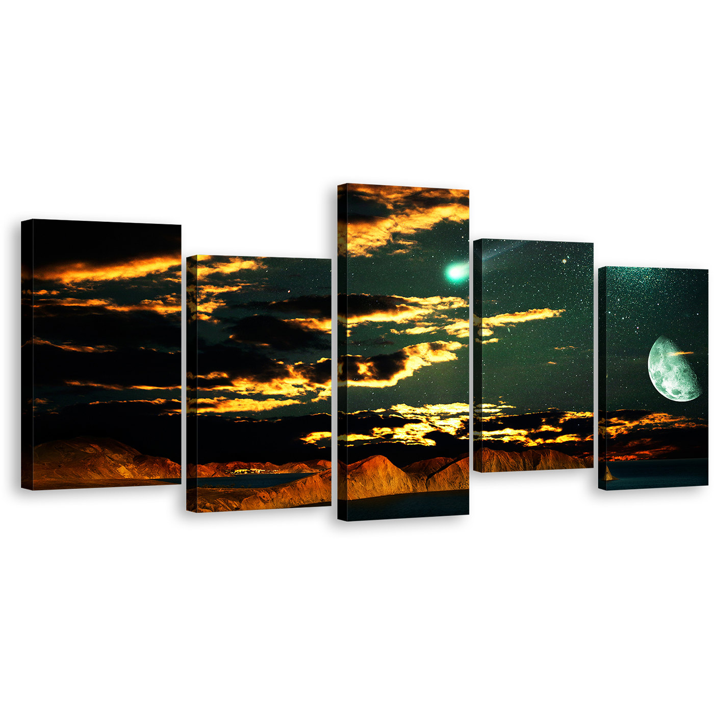 Starry Sky Canvas Print, Dramatic Clouds Green Moon Sky 5 Piece Multiple Canvas, Brown Mountain Scenery Wall Art