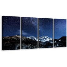 Load image into Gallery viewer, starry desert night canvas wall art blue sky milky way and white himalaya mountains 4 piece canvas print
