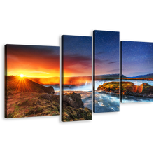 Load image into Gallery viewer, Starry Sky Canvas Wall Art, Yellow Sunrise Canvas Print, White Hodafoss Milky Way Waterfall 4 Piece Multiple Canvas
