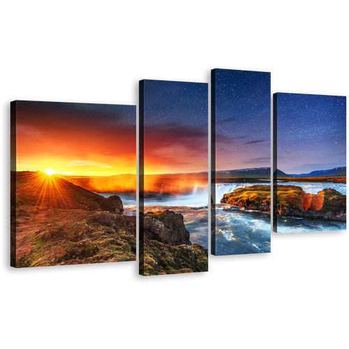 Starry Sky Canvas Wall Art, Yellow Sunrise Canvas Print, White Hodafoss Milky Way Waterfall 4 Piece Multiple Canvas