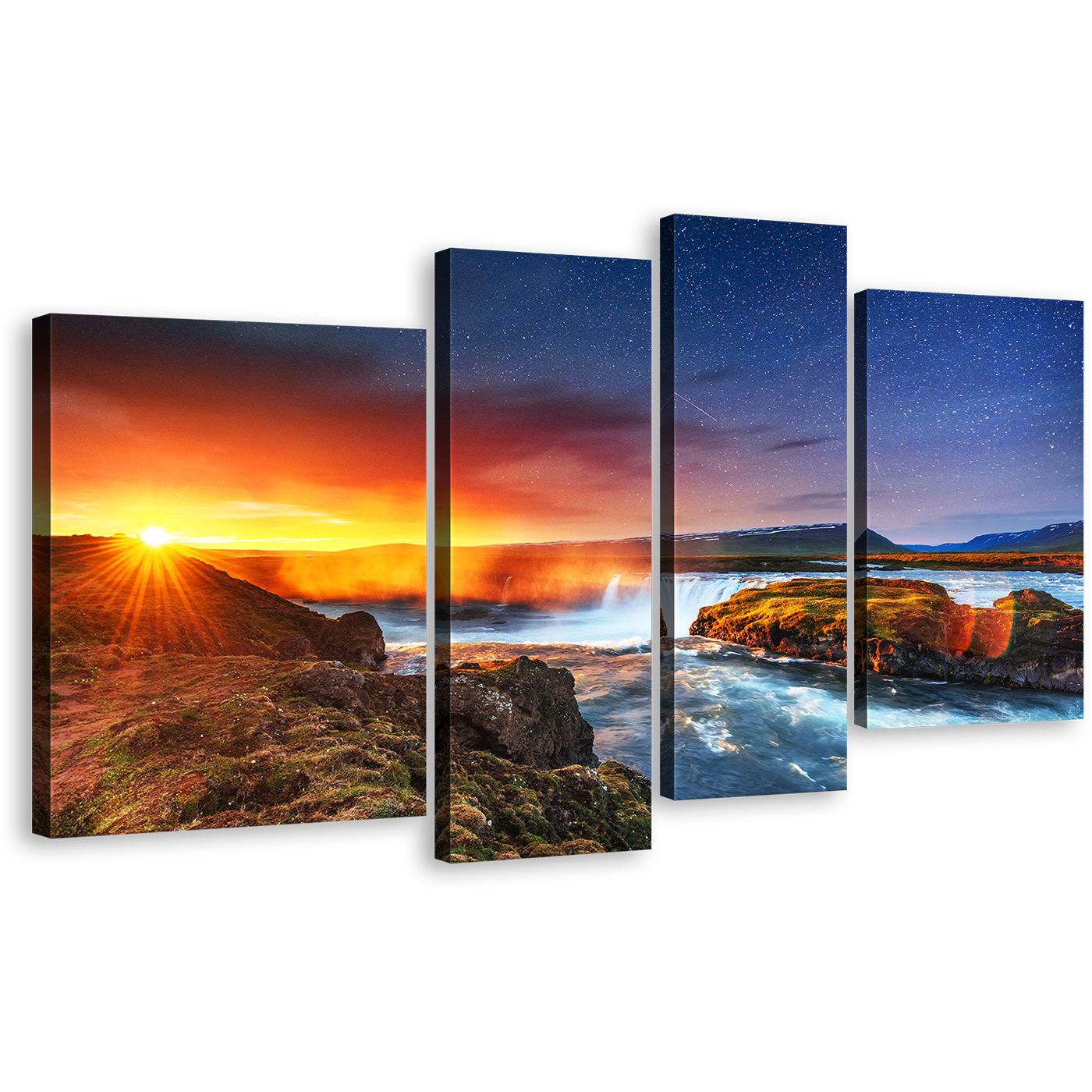 Starry Sky Canvas Wall Art, Yellow Sunrise Canvas Print, White Hodafoss Milky Way Waterfall 4 Piece Multiple Canvas