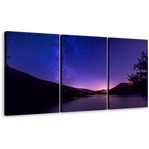 Starry Sky Wall Art, Milky Way Blue Starry Night Canvas Set, Black Galaxy Mountain River 3 Piece Canvas Print