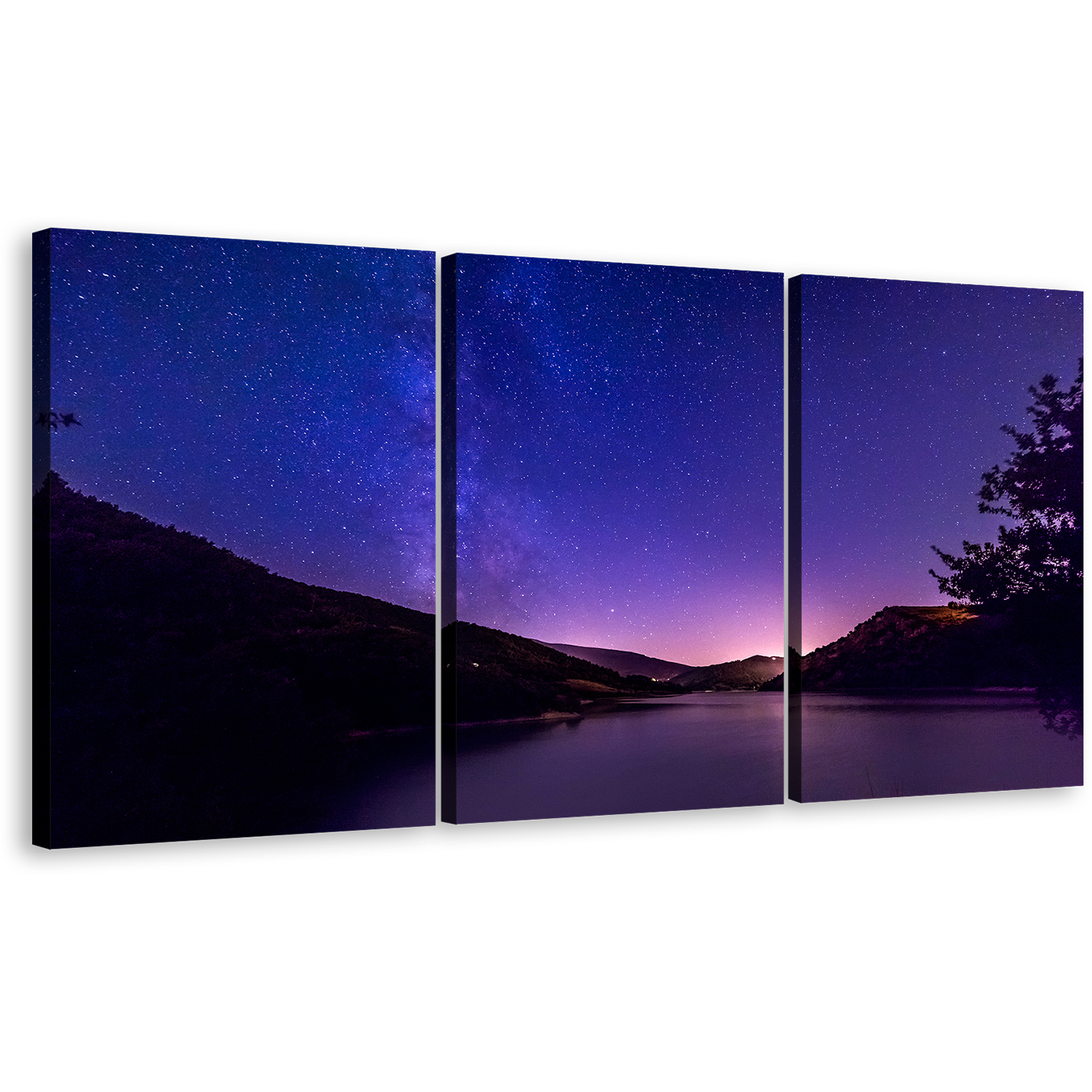 Starry Sky Wall Art, Milky Way Blue Starry Night Canvas Set, Black Galaxy Mountain River 3 Piece Canvas Print