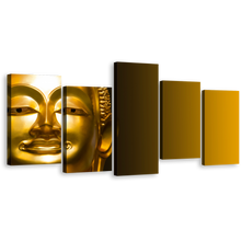 Load image into Gallery viewer, Statue Face Canvas Print, Yellow Background Buddha Close Up Multi Canvas, Gold Buddha Mind Soul 5 Piece Canvas Wall Art
