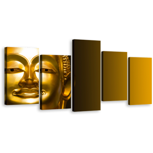 Statue Face Canvas Print, Yellow Background Buddha Close Up Multi Canvas, Gold Buddha Mind Soul 5 Piece Canvas Wall Art