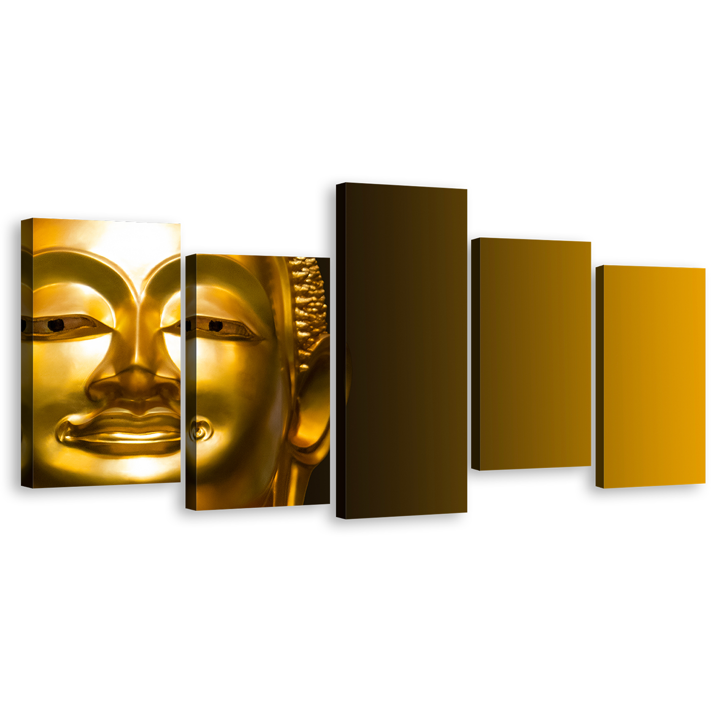 Statue Face Canvas Print, Yellow Background Buddha Close Up Multi Canvas, Gold Buddha Mind Soul 5 Piece Canvas Wall Art