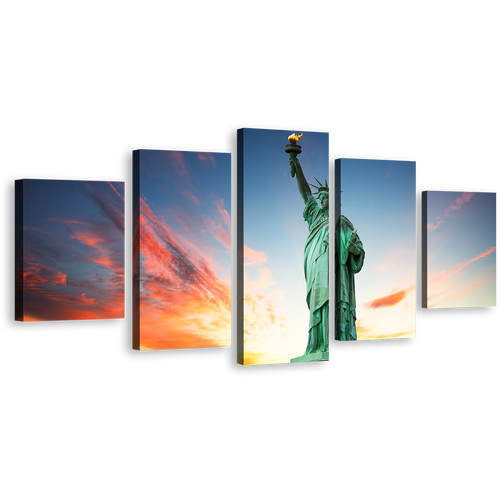 Statue of Liberty Canvas Wall Art, Lady Liberty Blue Sky Multiple Canvas, New York Green Monument 5 Piece Canvas Print