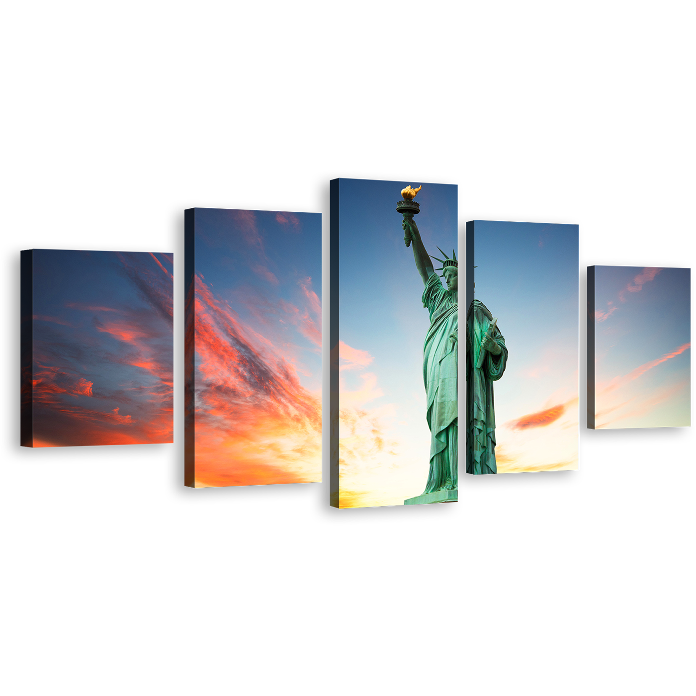 Statue of Liberty Canvas Wall Art, Lady Liberty Blue Sky Multiple Canvas, New York Green Monument 5 Piece Canvas Print