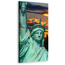 Load image into Gallery viewer, Statue of Liberty Canvas Wall Art, Orange New York City Twilight Vertical Canvas, Green Lady Liberty Close Up Face Canvas Print
