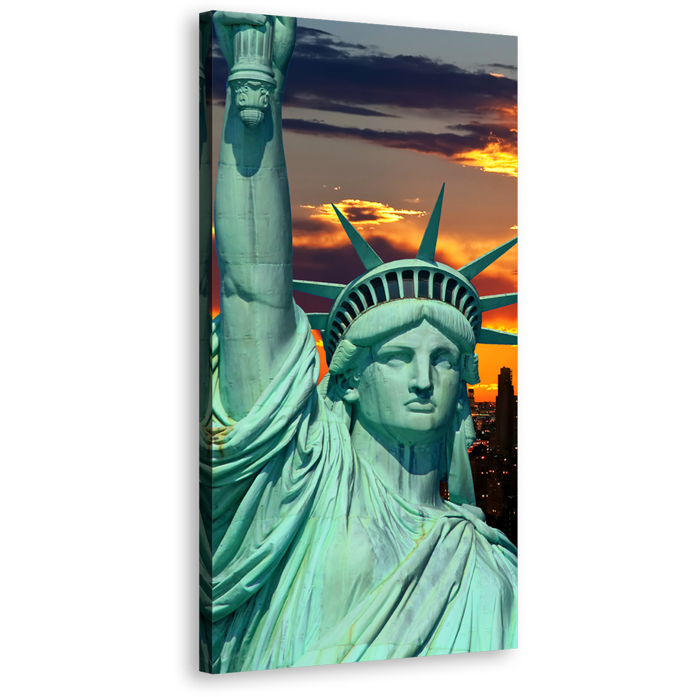 Statue of Liberty Canvas Wall Art, Orange New York City Twilight Vertical Canvas, Green Lady Liberty Close Up Face Canvas Print