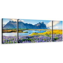 Load image into Gallery viewer, Stokksnes Headland Wall Art, Blue Batman Mountain Southeastern Icelandic Landscape 3 Piece Canvas, Purple Lupine Flowers Scenery Canvas Set
