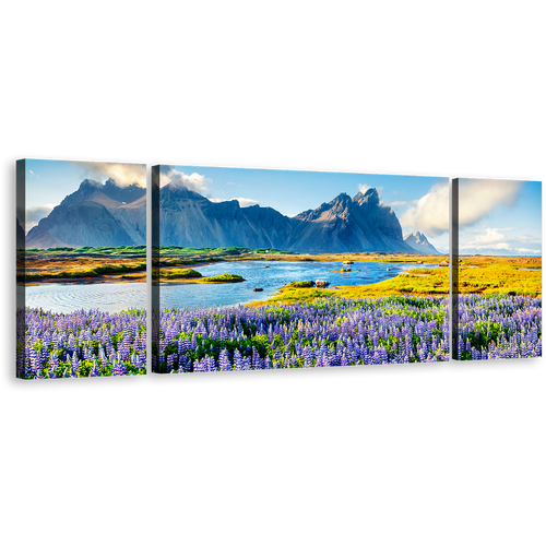 Stokksnes Headland Wall Art, Blue Batman Mountain Southeastern Icelandic Landscape 3 Piece Canvas, Purple Lupine Flowers Scenery Canvas Set