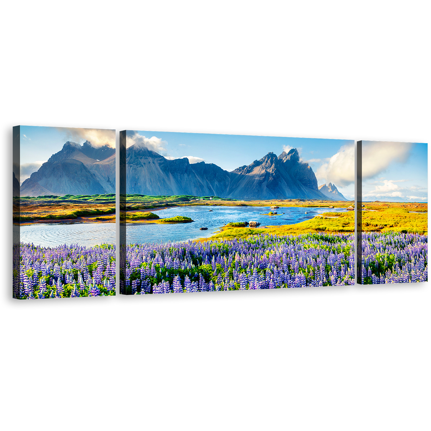 Stokksnes Headland Wall Art, Blue Batman Mountain Southeastern Icelandic Landscape 3 Piece Canvas, Purple Lupine Flowers Scenery Canvas Set