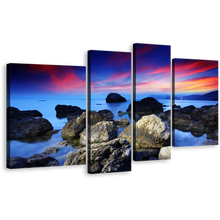 Load image into Gallery viewer, Stony Beach Canvas Print, Red Sky Ocean 4 Piece Canvas Wall Art, Blue Sea Ocean Rocks Canvas Set
