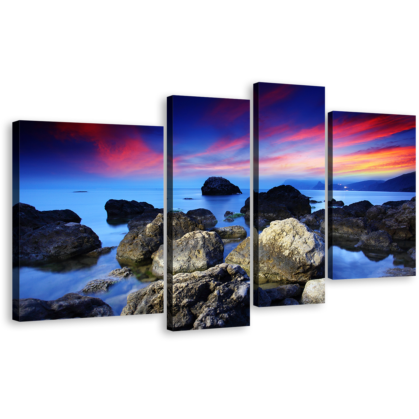 Stony Beach Canvas Print, Red Sky Ocean 4 Piece Canvas Wall Art, Blue Sea Ocean Rocks Canvas Set